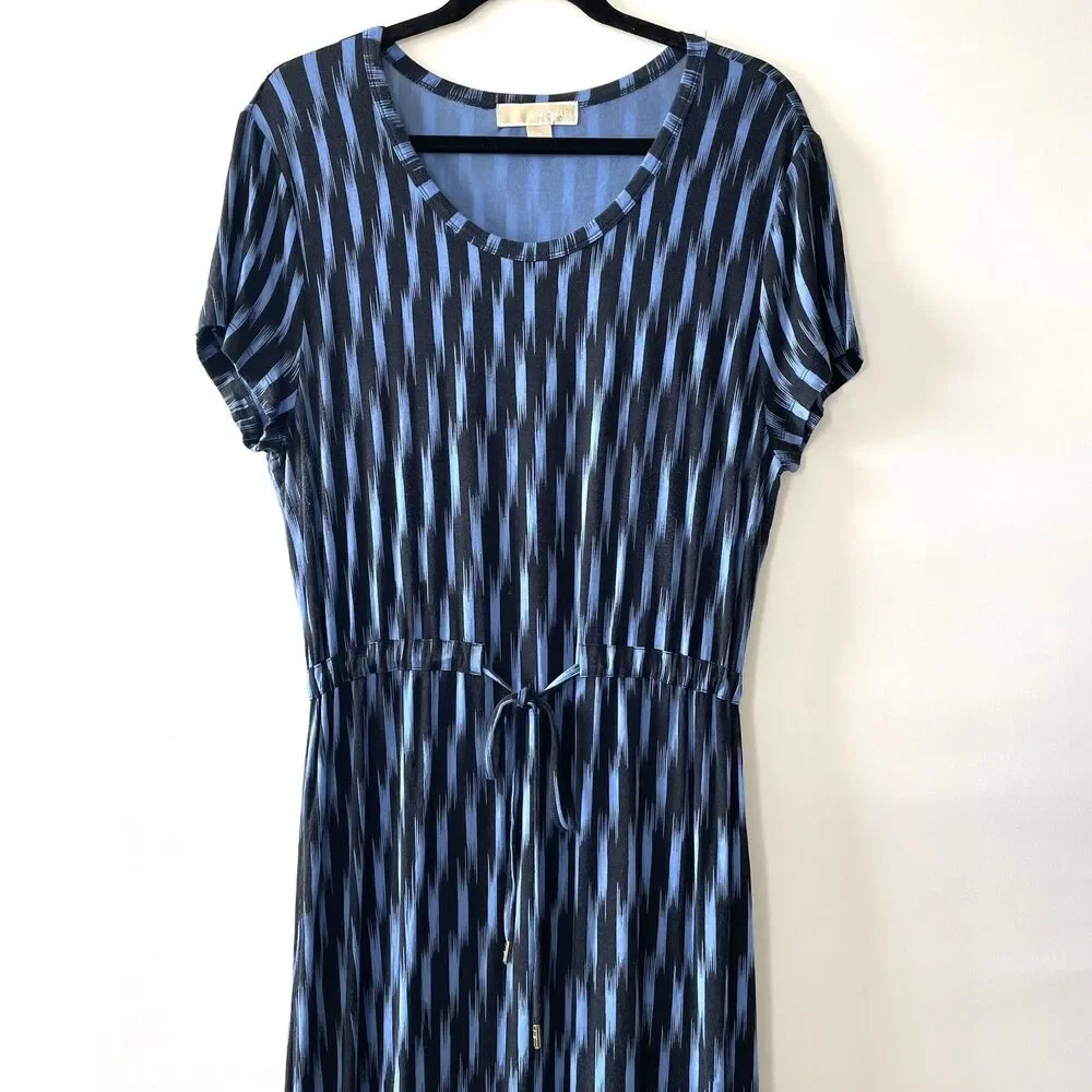 Michael Kors Maxi Dress Blue Black Scoop Neck Short Sleeve Size XL -(C)
